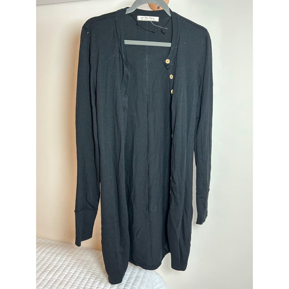 Free People We The Free Black Thermal‎ Knit Longline Button Front Cardigan Small